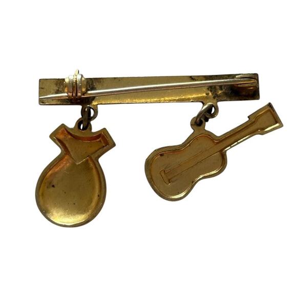 Spanish Castanets Double Sided Earrings Bar Brooch Guitar Dangle Set Damascene - Picture 4 of 7
